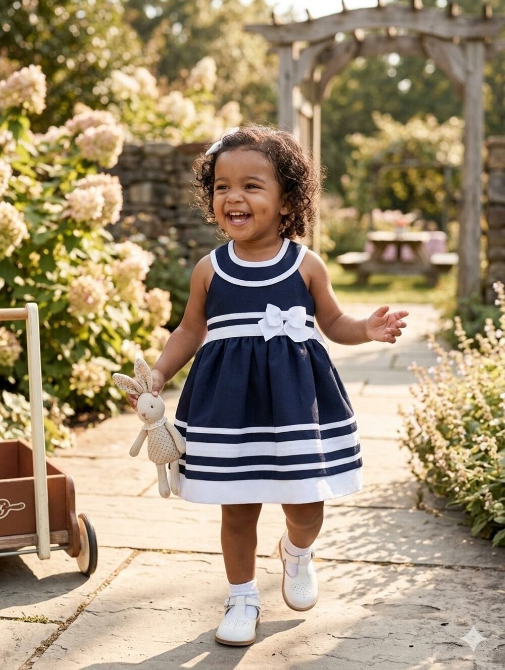 Bonnie Jean Sailor Dress Girls Size 2T Blue Nautical Sleeveless White Trim Bow